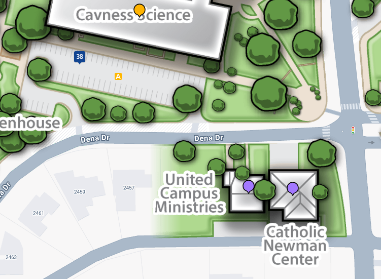 Campus map showing United Campus Ministries on Dena Drive